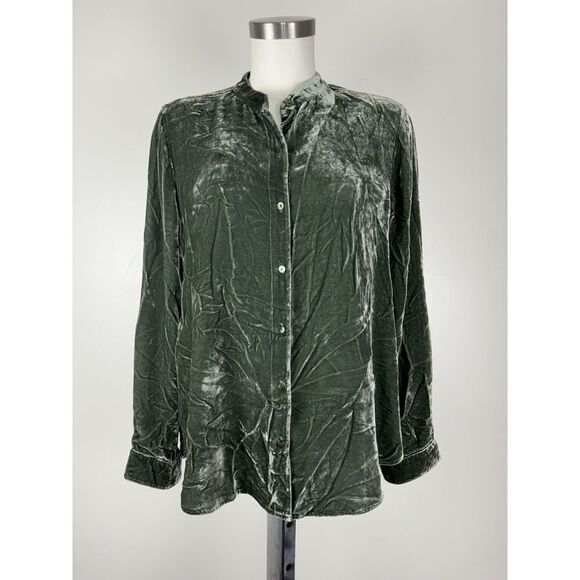 Eileen Fisher Tops - Eileen Fisher Green Size Petite Large Velvet Crinkle Front Button Top Silk Blend
